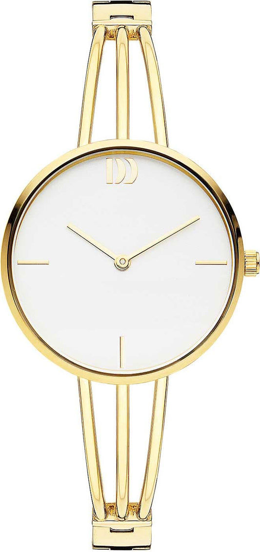 "Damklocka från Danish Design med guldfärgat metallarmband och vit urtavla"