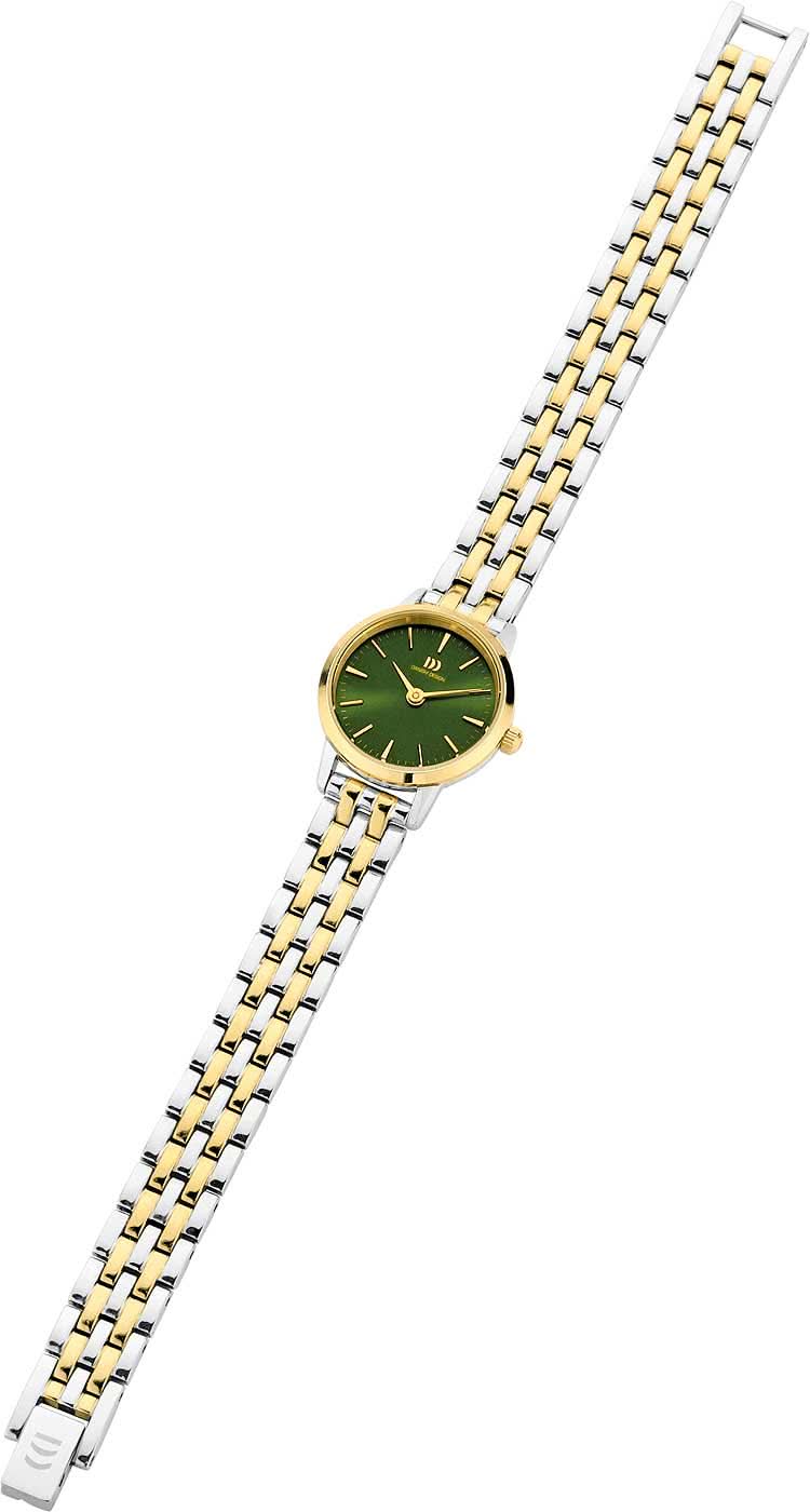 "Damklocka med tvåfärgat metallarmband och rund boett, grön urtavla"