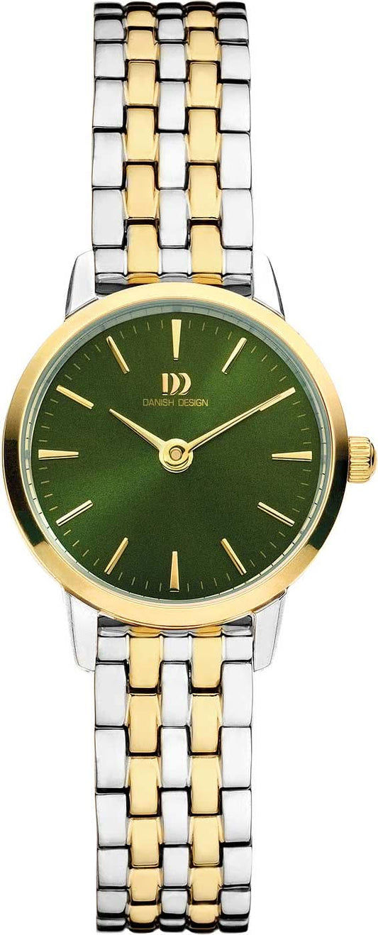 Damklocka: grön urtavla, tvåfärgat metallarmband, platt runt boett