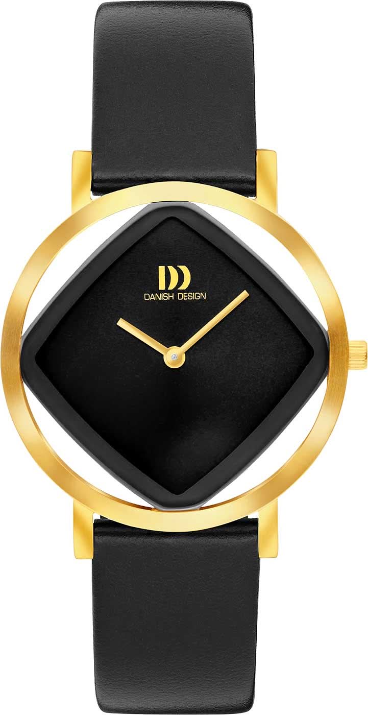Damklocka med svart läderarmband, svart urtavla och guldfärgad boettring