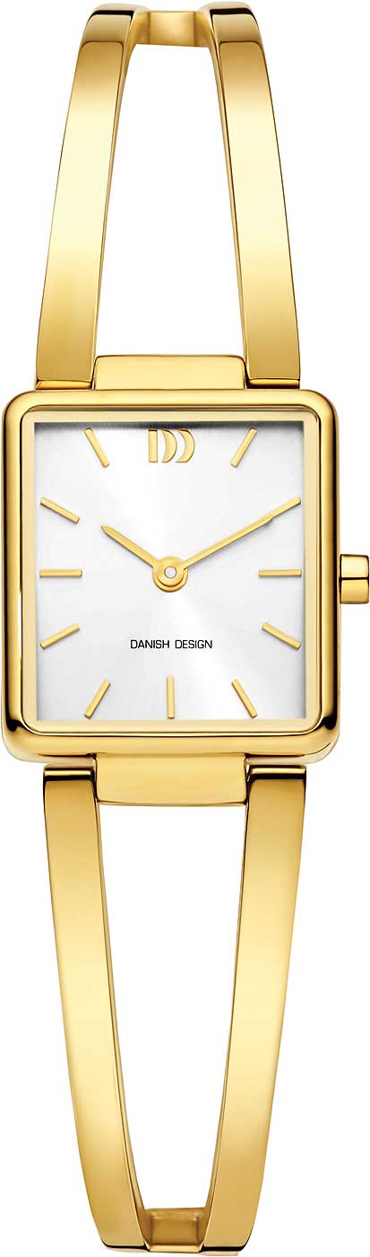 Damklocka med guldfärgat metallarmband och vit rektangulär urtavla, smala visare