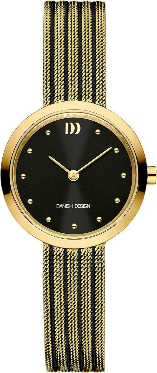 Damklocka med svart urtavla, guldfärgad rund boett och flätat armband