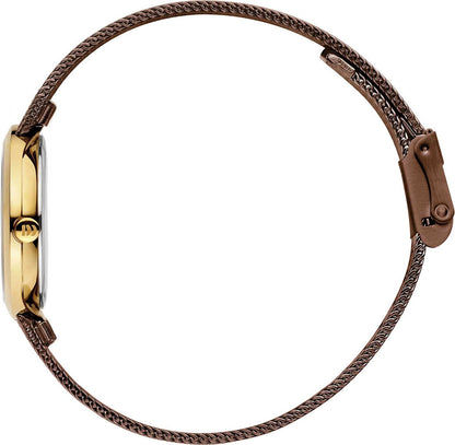 Damklocka med flätat brunt armband och guldfärgat urverk, sidovy