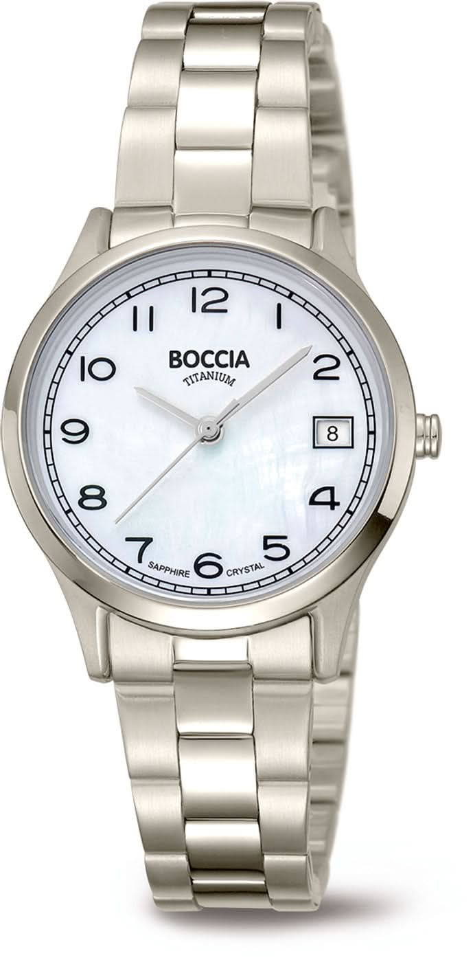 Boccia damklocka med silverfärgat metallarmband, vit urtavla och datumvisning