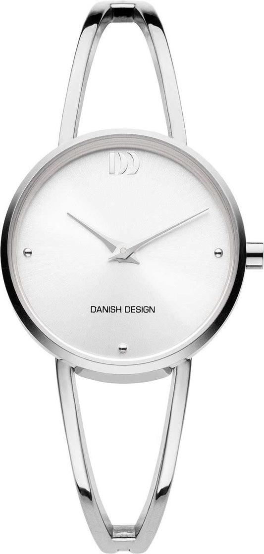 Damklocka med rund vit urtavla, boett i silver och smalt metallarmband
