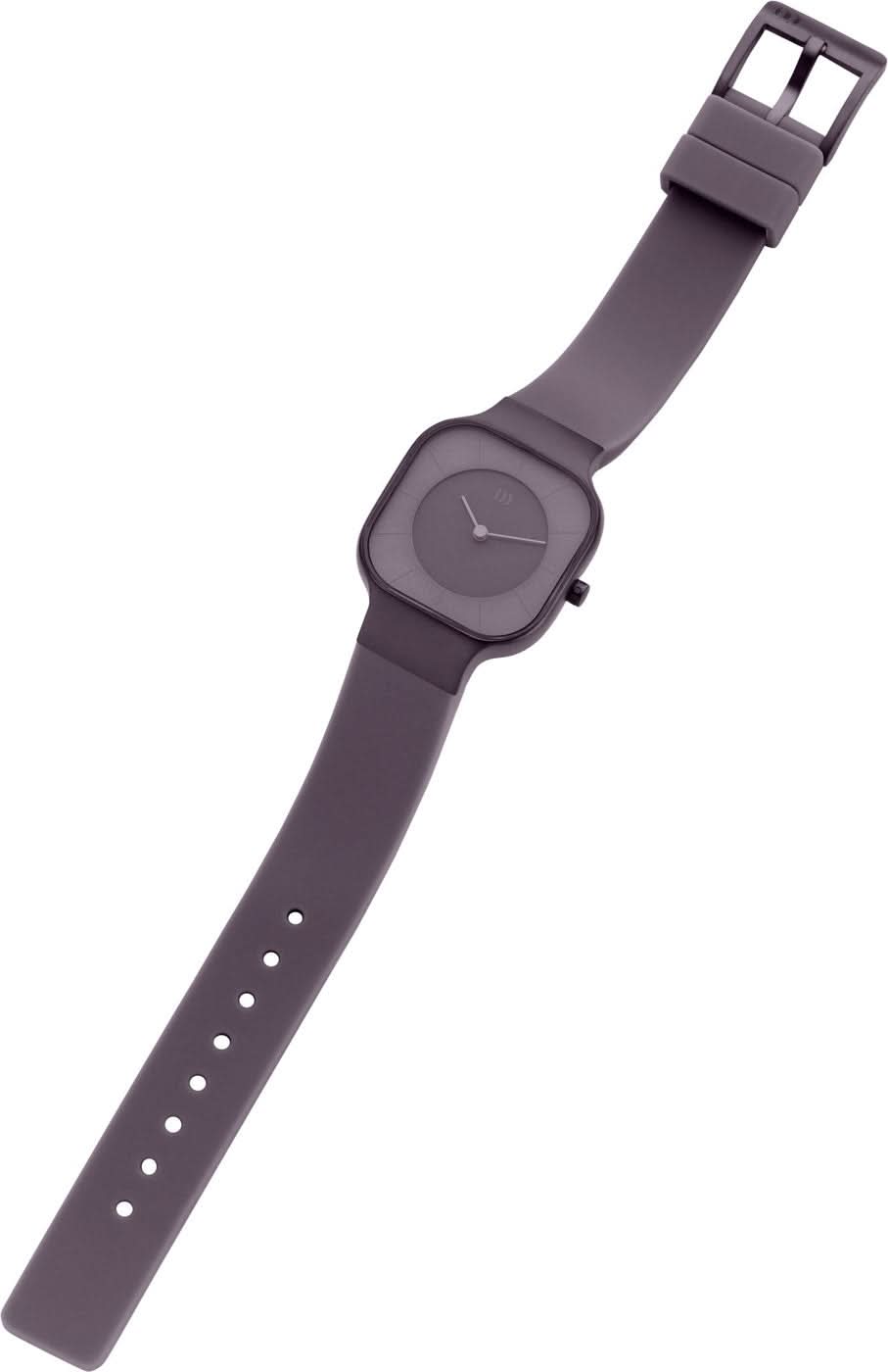 Damklocka med lila silikonarmband, spänne och rund, mörk urtavla