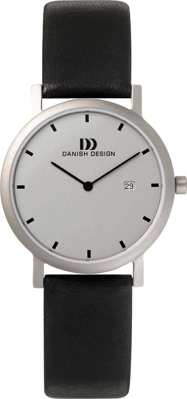 Dansk design damklocka med svart läderarmband, rund boett och enkel urtavla