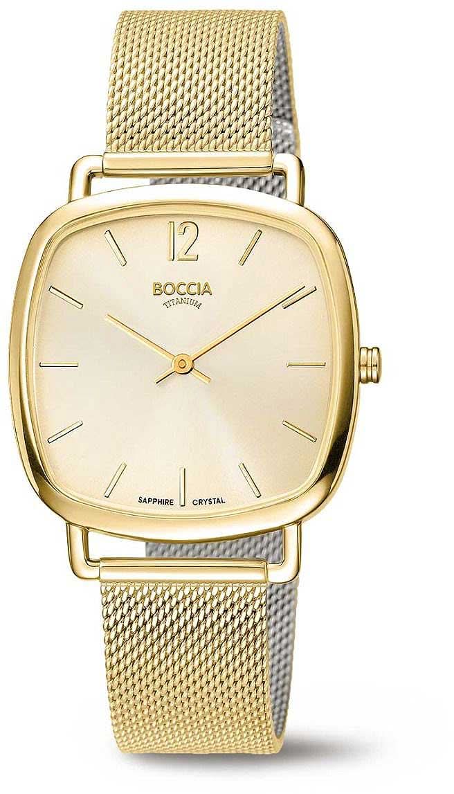 Damarmbandur med guldfärgat hölje och mesharmband, krämfärgad urtavla.