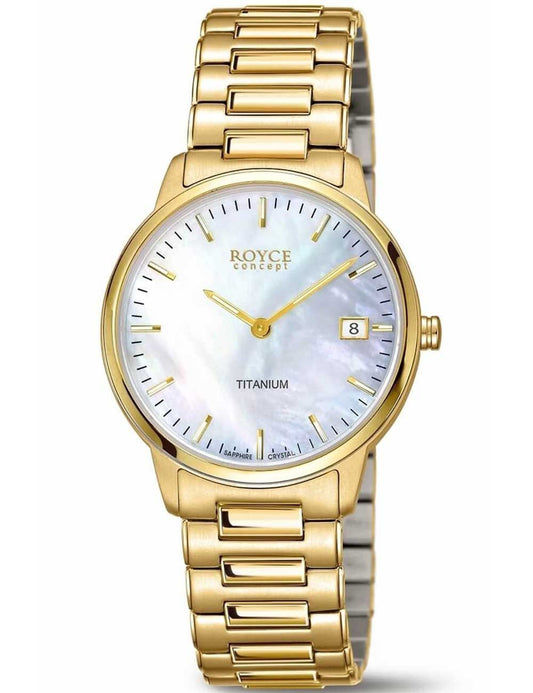 Bicolor Damenarmbanduhr Boccia Royce mit weißem Zifferblatt und Datumsfenster, Titanarmband