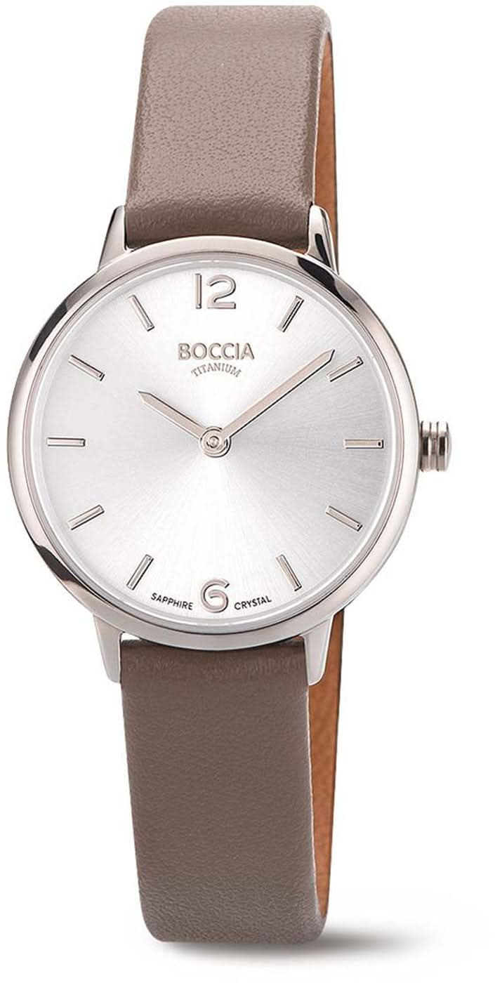 Damklocka från Boccia med brunt läderarmband, rund boett, vit urtavla