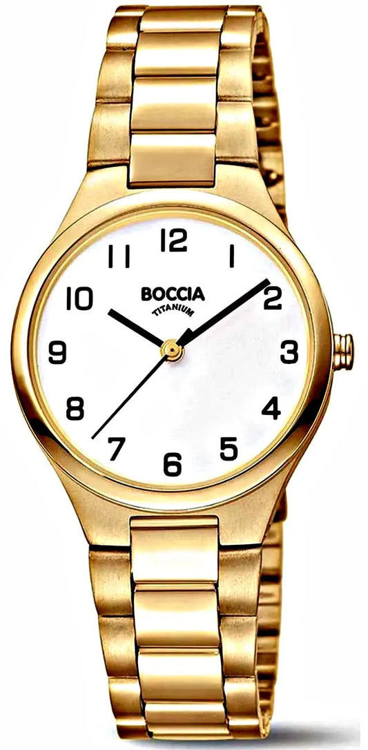 Guldpläterad BOCCIA damklocka med rund urtavla och armband i metall