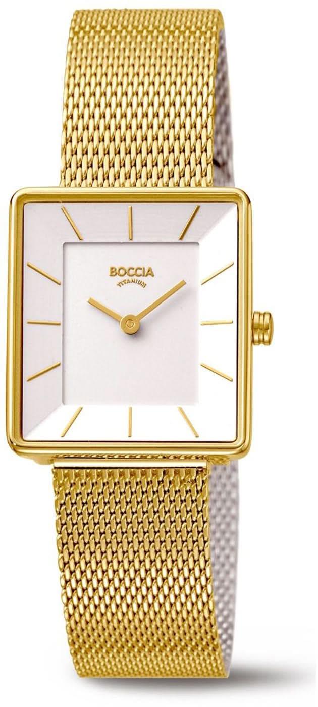 Boccia damklocka med rektangulär vit urtavla och guldfärgat metallarmband