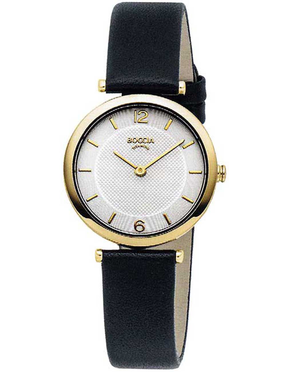 Damen-Armbanduhr mit schwarzem Lederarmband, goldfarbigem Gehäuse und weißem Zifferblatt