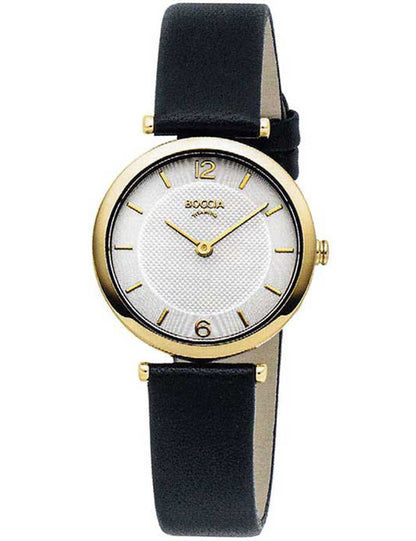 Damen-Armbanduhr mit schwarzem Lederarmband, goldfarbigem Gehäuse und weißem Zifferblatt