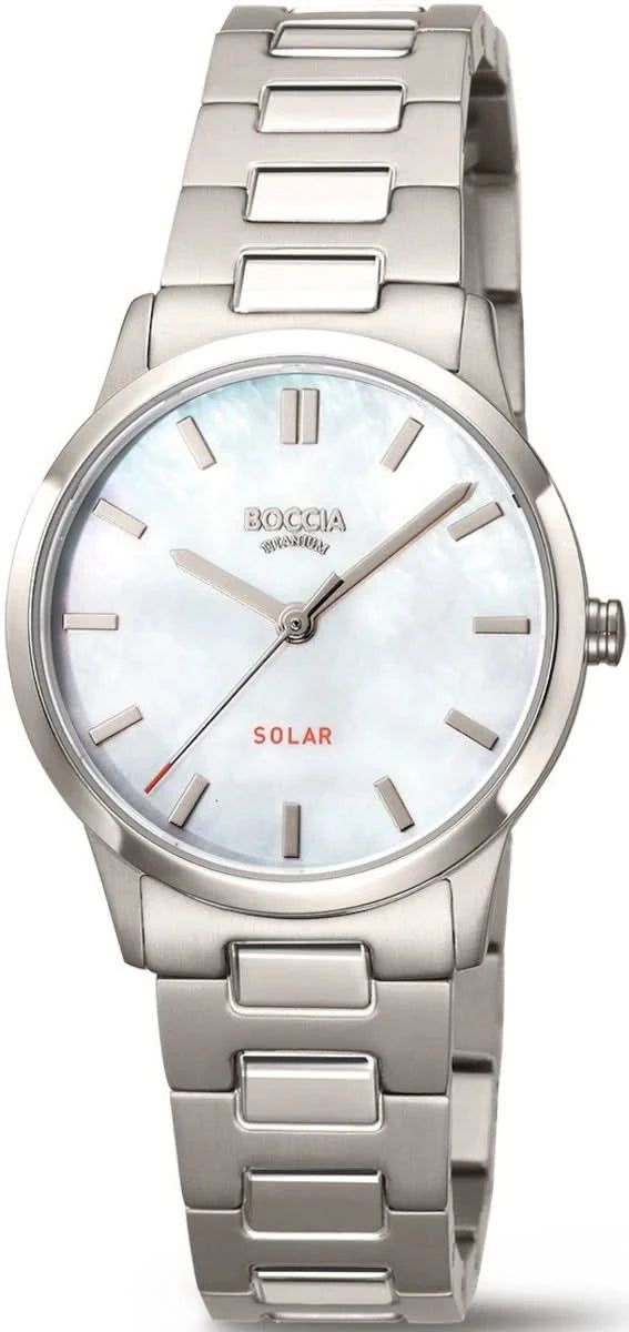 Damklocka i rent titan med solcellsdrift, silverfärgat metallarmband och vit urtavla