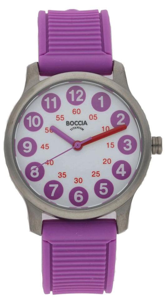 Boccia klocka med lila silikonarmband, runt grått boett och lila urtavla