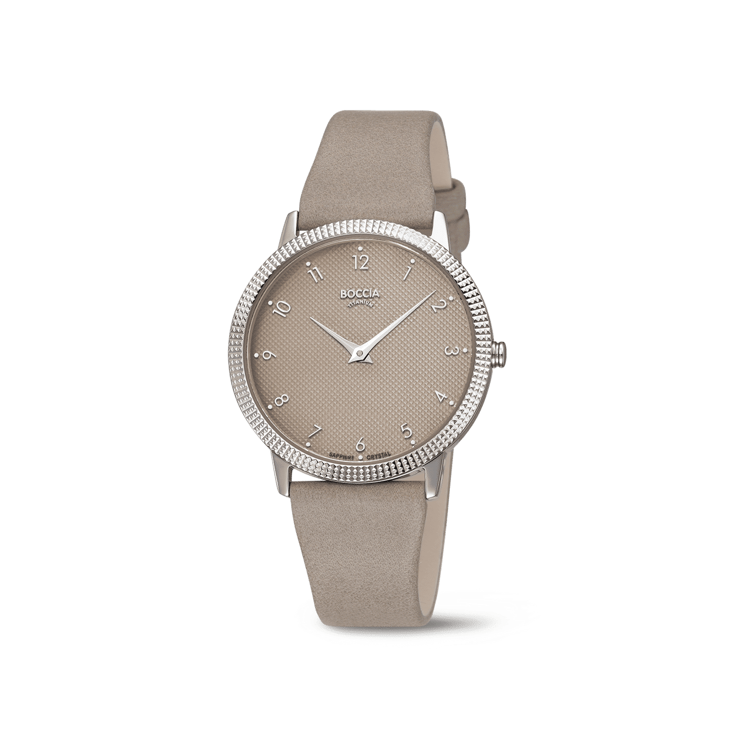 Beige Damenarmbanduhr mit silberner Steinumrandung und beigem Lederband