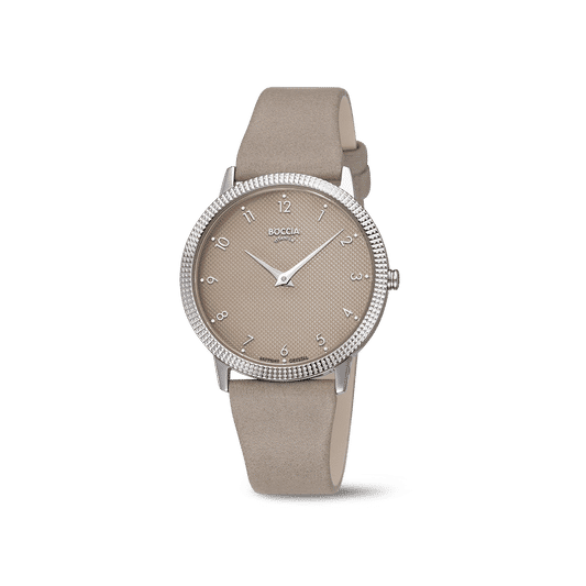 Beige Damenarmbanduhr mit silberner Steinumrandung und beigem Lederband