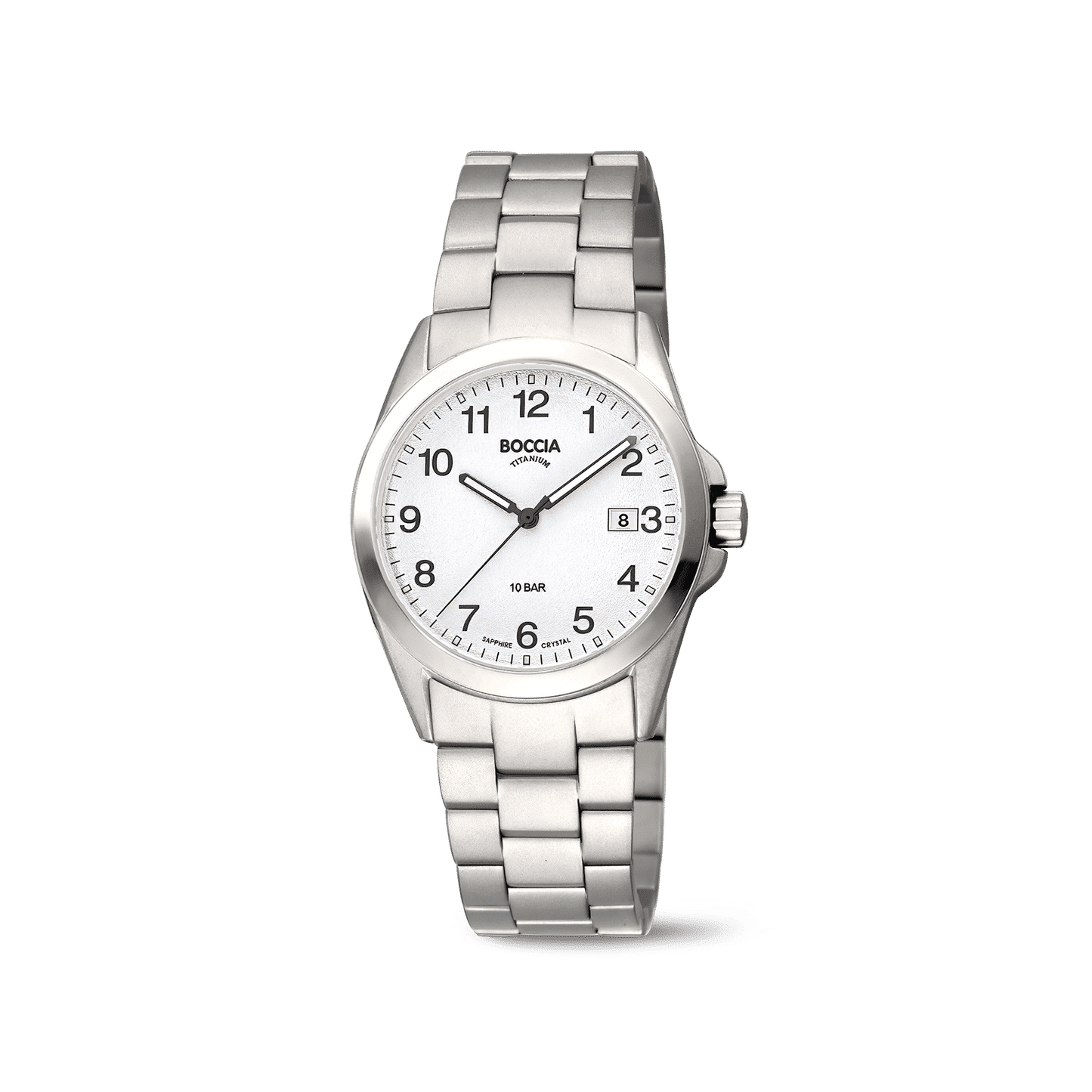 Damenarmbanduhr mit Metallarmband, silbernem Zifferblatt, arabischen Ziffern und Datum bei 8