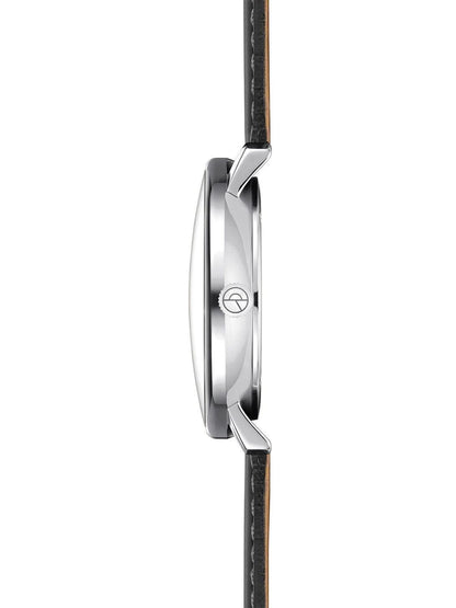 Armbandsur, sidovy med silverfärgat hölje och svart läderarmband
