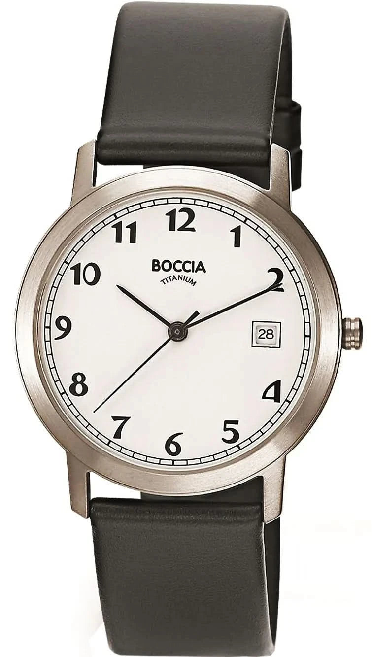 Herrklocka Boccia med svart läderarmband, rund vit urtavla, datum vid 3