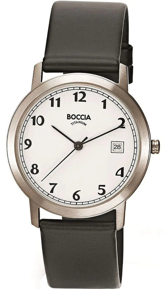 Herrklocka Boccia med svart läderarmband, rund vit urtavla, datum vid 3