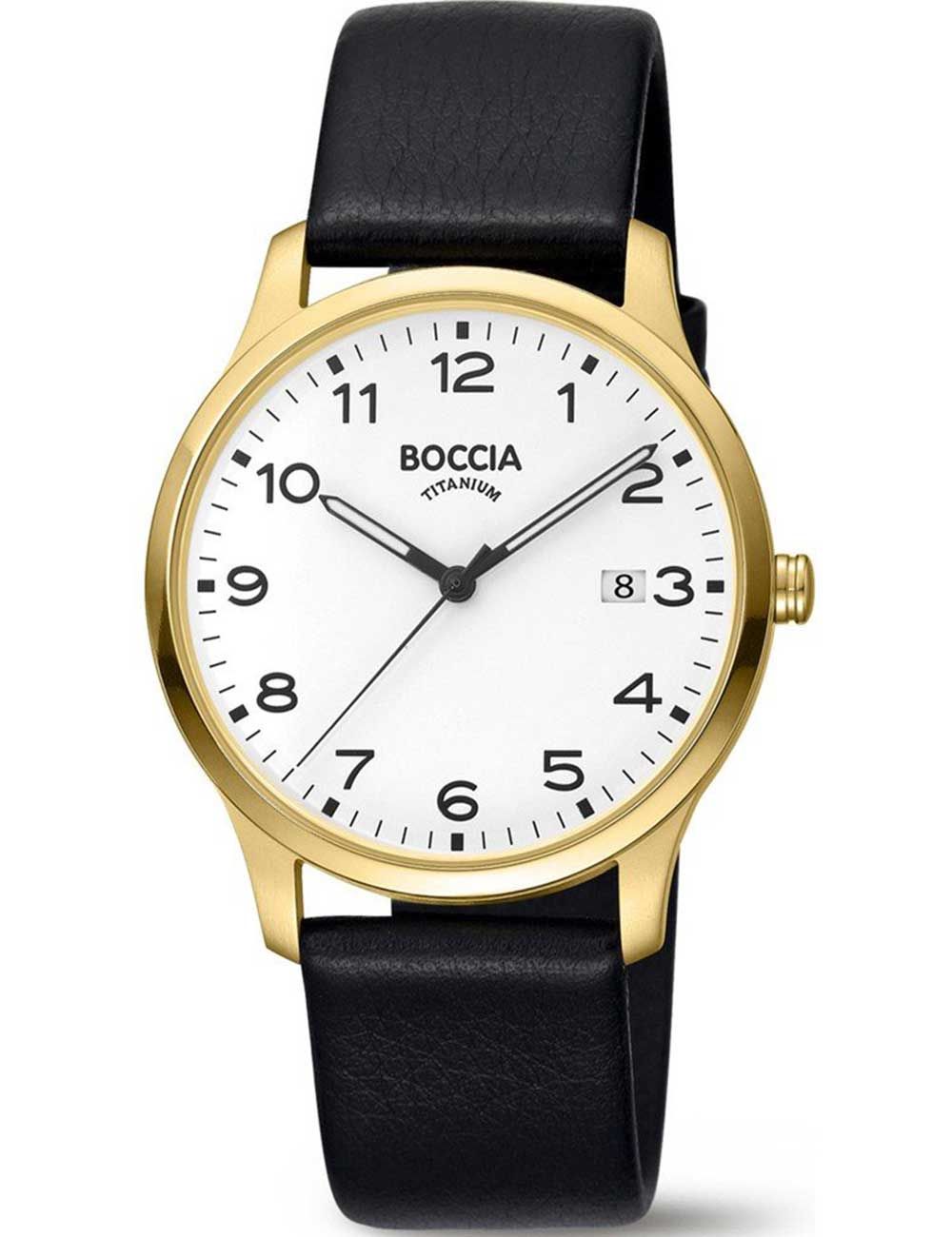 Boccia Herrenarmbanduhr: goldenes Titangehäuse, weißes Zifferblatt, schwarzes Lederband