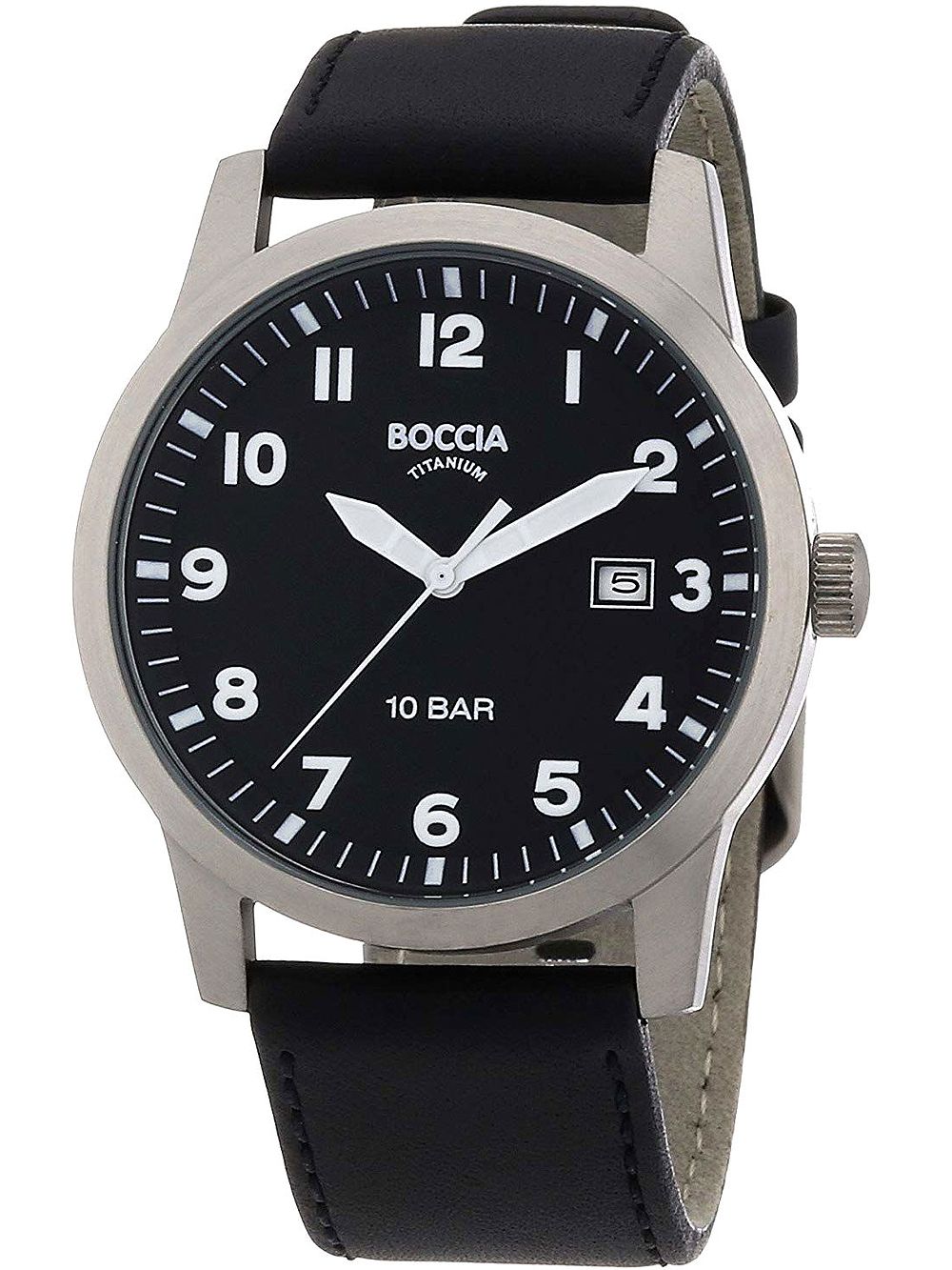 Herren-Armbanduhr Boccia Titanium mit schwarzem Zifferblatt, Indexen und schwarzem Lederarmband