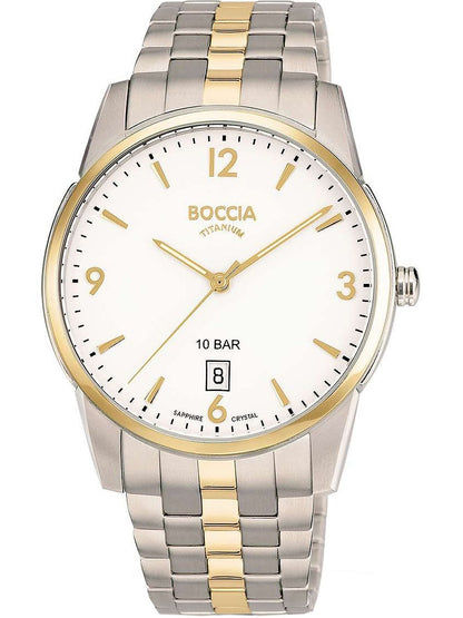 Boccia Herrenarmbanduhr, Titanband silber, weißes Zifferblatt, goldene Zeiger, 10 bar