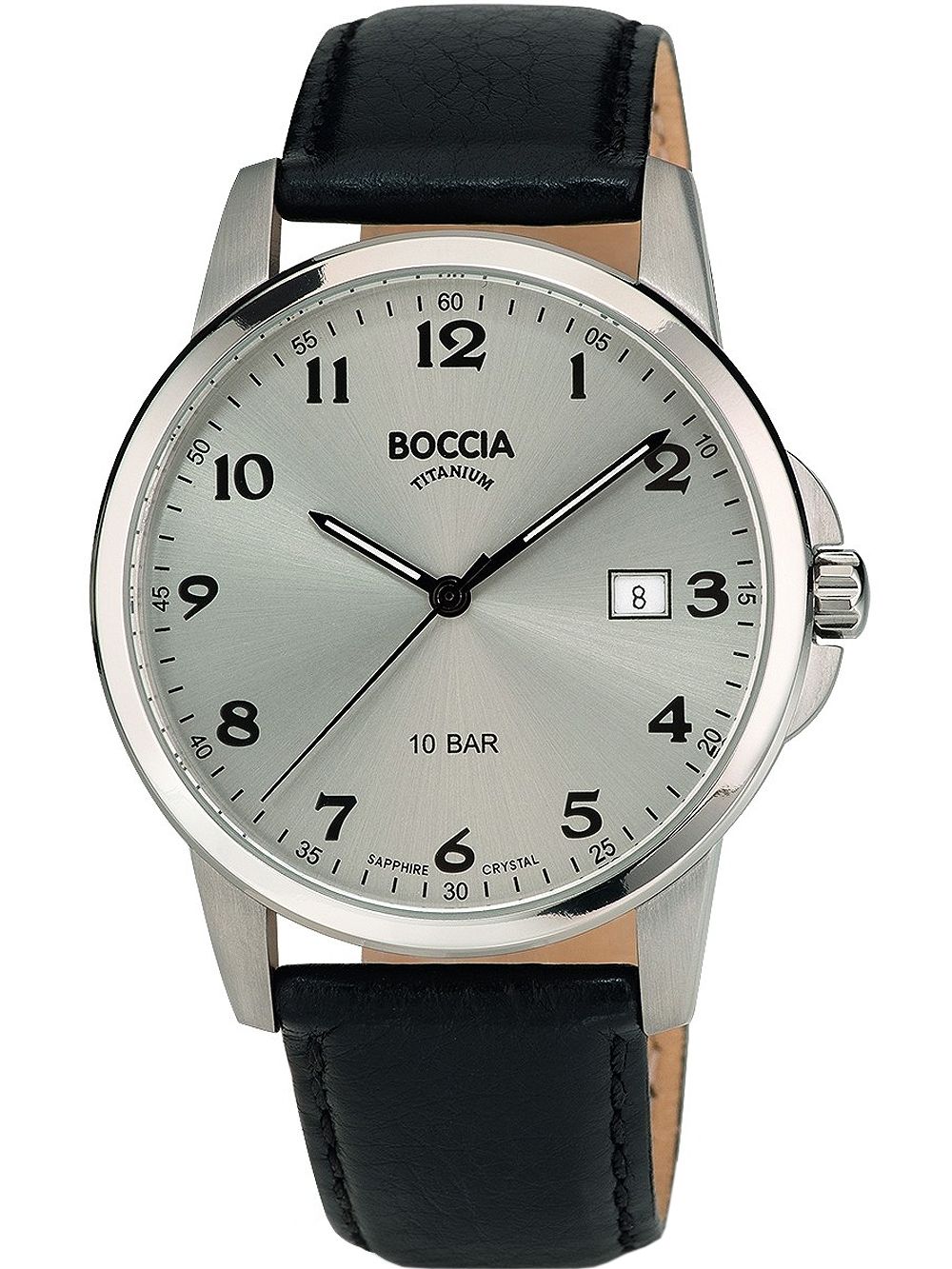 Boccia Herrenuhr mit schwarzem Lederarmband, silbernem Titan-Gehäuse und weißem Zifferblatt.