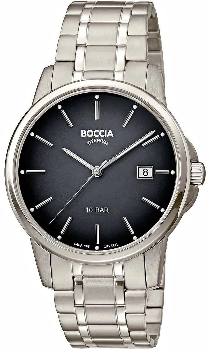 Boccia herrklocka med silverfärgat metallarmband och svart urtavla, datumfönster