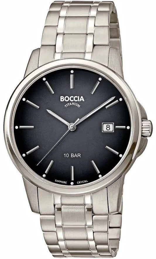Boccia herrklocka med silverfärgat metallarmband och svart urtavla, datumfönster