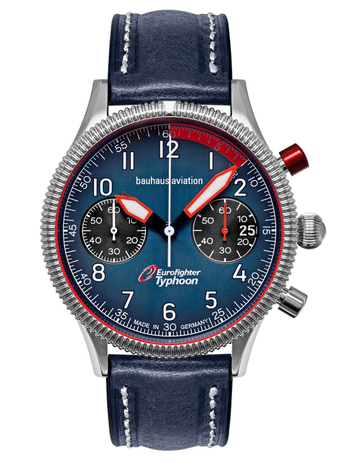 Herrenuhr mit dunkelblauem Lederarmband, silbernem Gehäuse und Chronographenzifferblatt