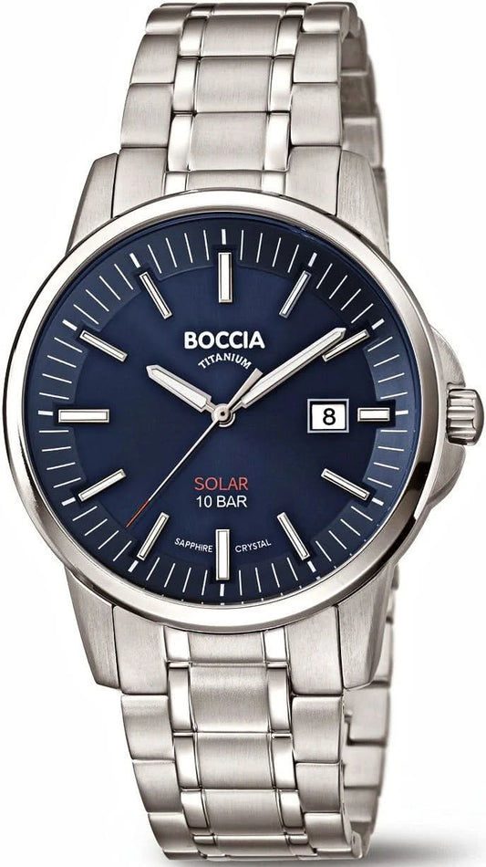 Boccia herrklocka med metallarmband och blå urtavla, streckindex och datumvisning