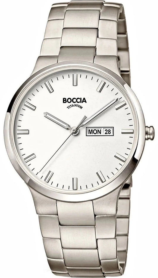 Boccia titanarmbandsur för män: silverfärgat rostfritt stållänkband, rund boett, vit urtavla med datum
