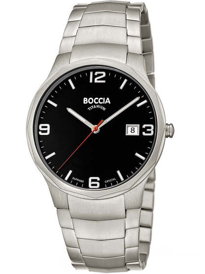 Boccia Herrenarmbanduhr mit schwarzem Zifferblatt, Titangehäuse und Metallarmband