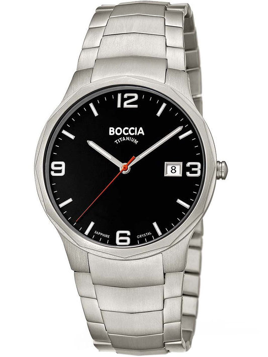 Boccia Herrenarmbanduhr mit schwarzem Zifferblatt, Titangehäuse und Metallarmband