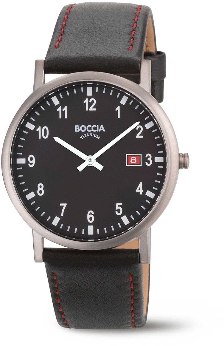 Herrklocka med svart urtavla, mörkgrått läderarmband och röda sömmar