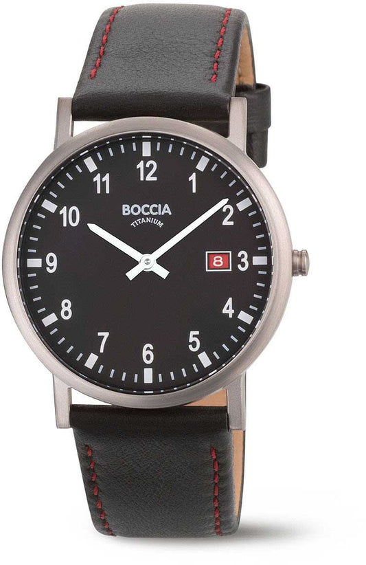 Herrklocka med svart urtavla, mörkgrått läderarmband och röda sömmar