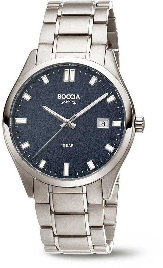 Herrklocka Boccia med armband i rostfritt stål, blå urtavla, datumfönster vid kl. 8