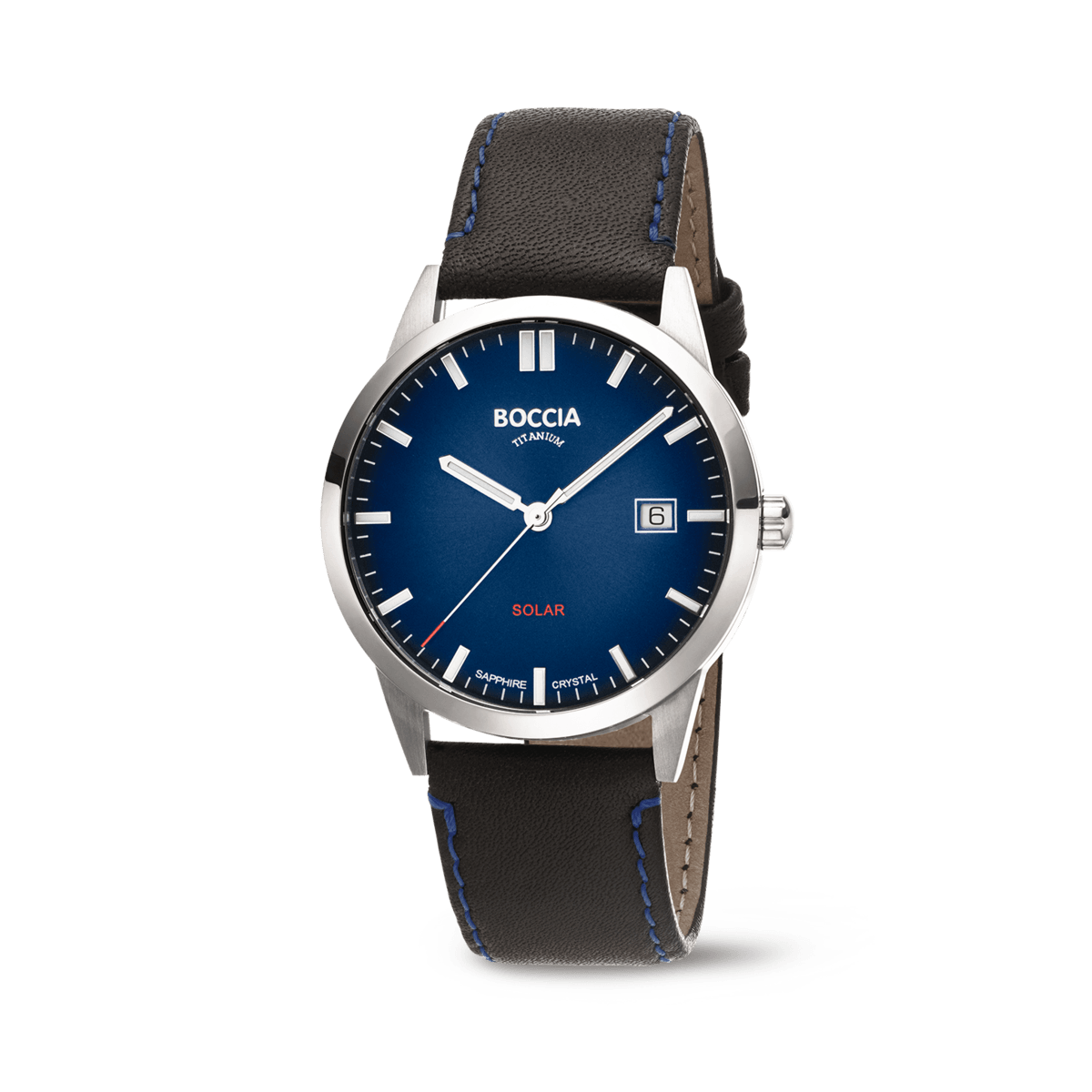 Boccia Herrenarmbanduhr mit Solar, blauem Zifferblatt und Lederarmband, rundes Gehäuse