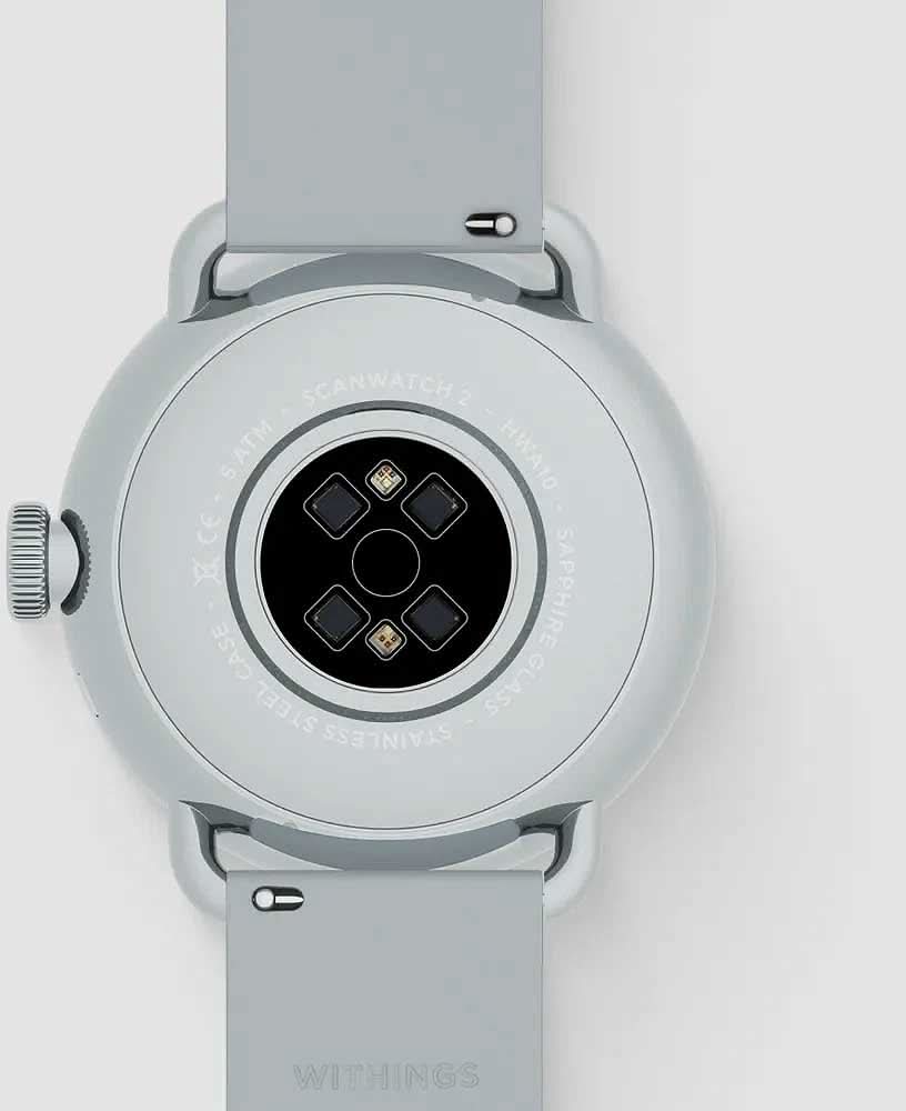 Withings hybrid smartwatch baksida med sensordesign och grått silikonarmband