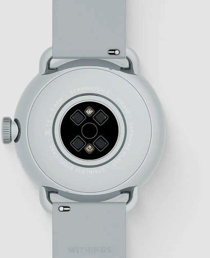 Withings hybrid smartwatch baksida med sensordesign och grått silikonarmband