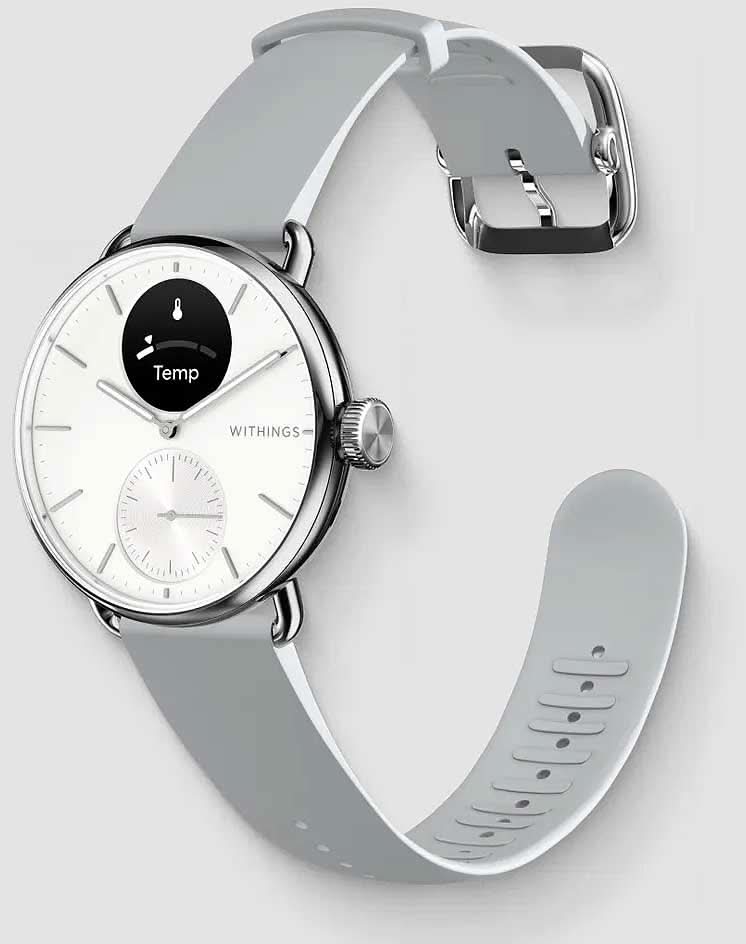 Withings hybrid smartwatch med grått silikonarmband, rund boett och temperaturvisning