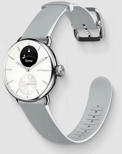 Withings hybrid smartwatch med grått silikonarmband, rund boett och temperaturvisning