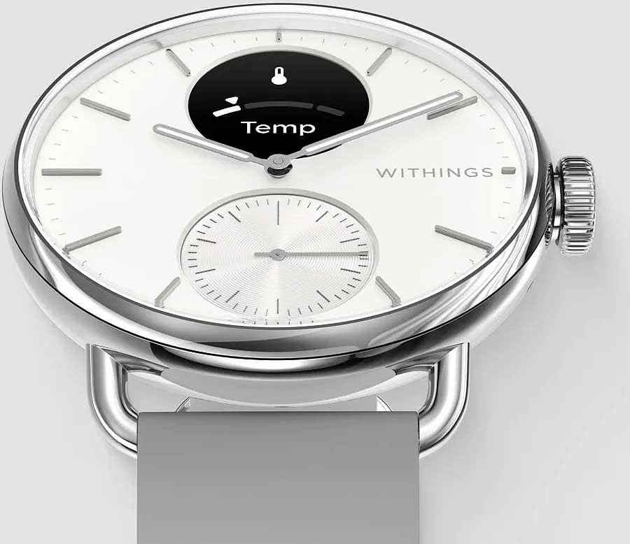 Withings hybrid smartwatch med vit urtavla, svart temp-visning och grått armband