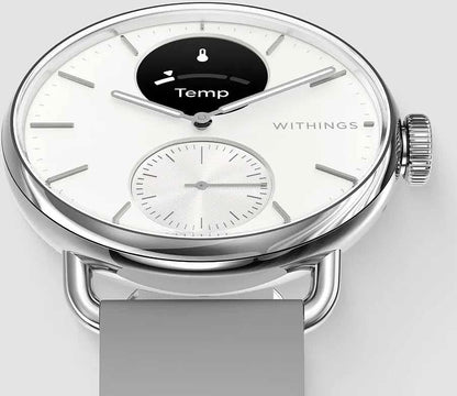 Withings hybrid smartwatch med vit urtavla, svart temp-visning och grått armband