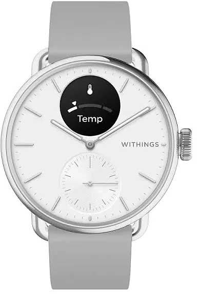 Withings hybrid smartwatch med grått silikonarmband och vit urtavla, temperaturvisning