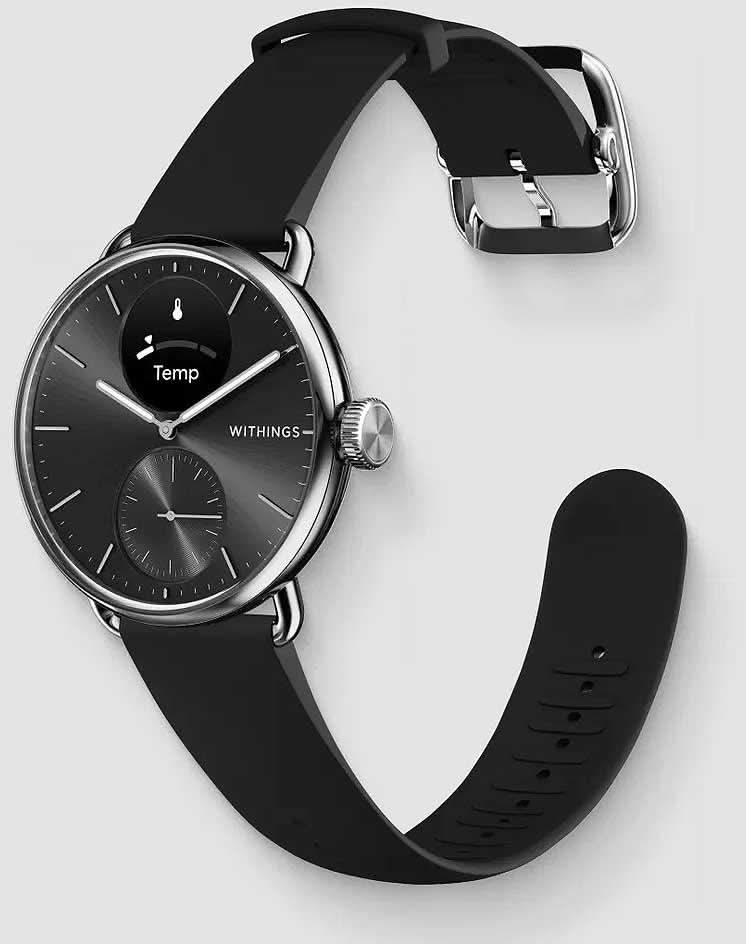Smartklocka med svart urtavla och svart silikonarmband, sidovy