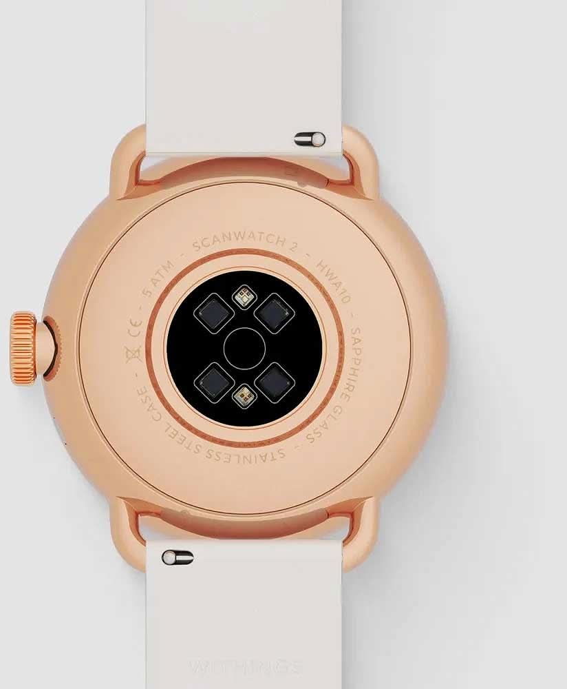 "Damklocka baksida: roséguldpläterat hölje, svart sensoryta, beige armband."